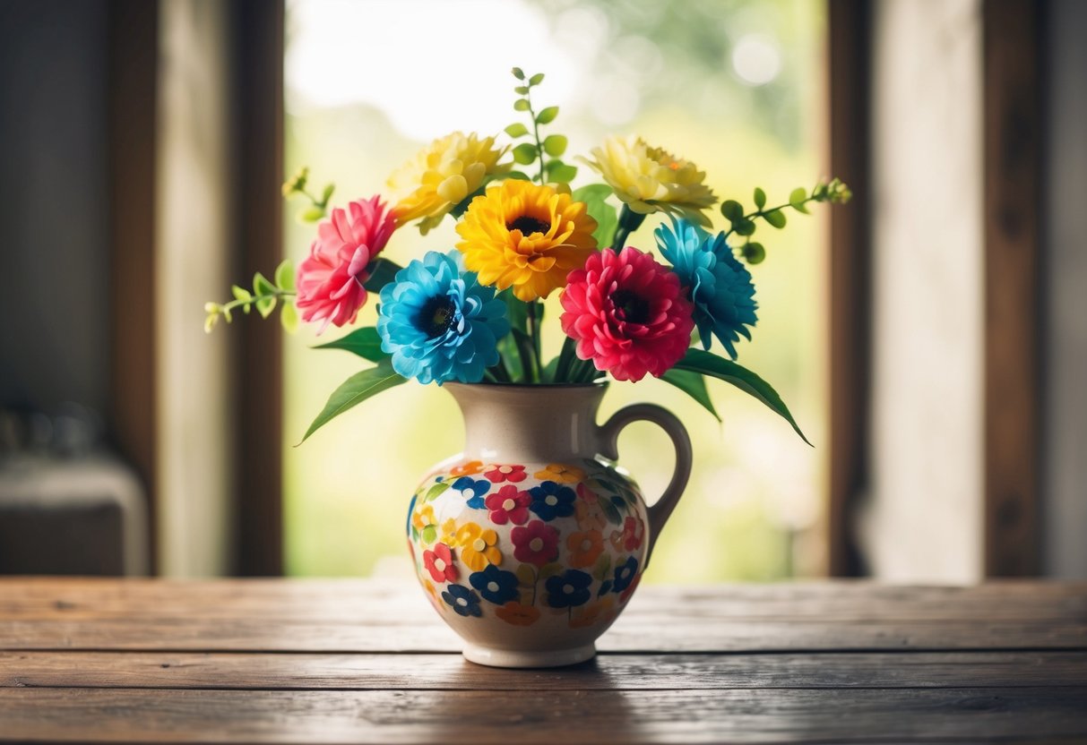 A ceramic vase holds a colorful fake bouquet of flowers, sitting on a rustic wooden table with a soft, natural light illuminating the scene