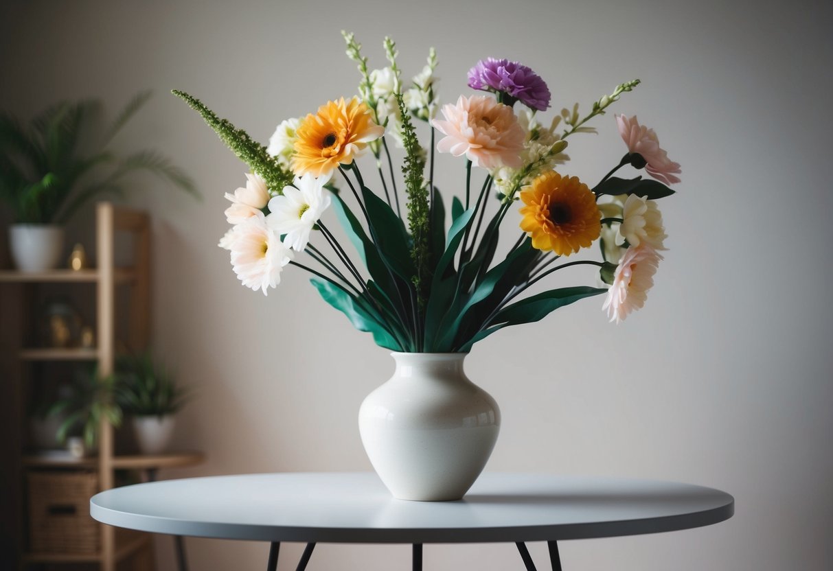 A table with a vase holding a fake bouquet of artificial flowers, representing the history and evolution of artificial floral arrangements