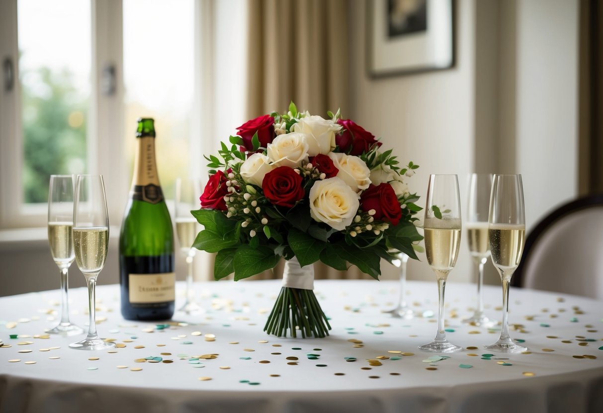 A fake bouquet sits on a dining table, surrounded by empty champagne glasses and scattered confetti