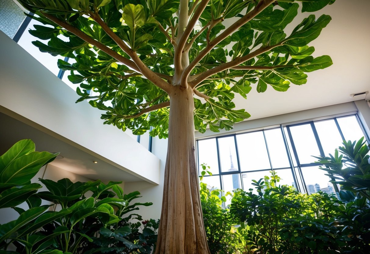 A tall indoor tree in Australia, with broad leaves and a sturdy trunk, surrounded by lush greenery and natural light streaming in from a nearby window