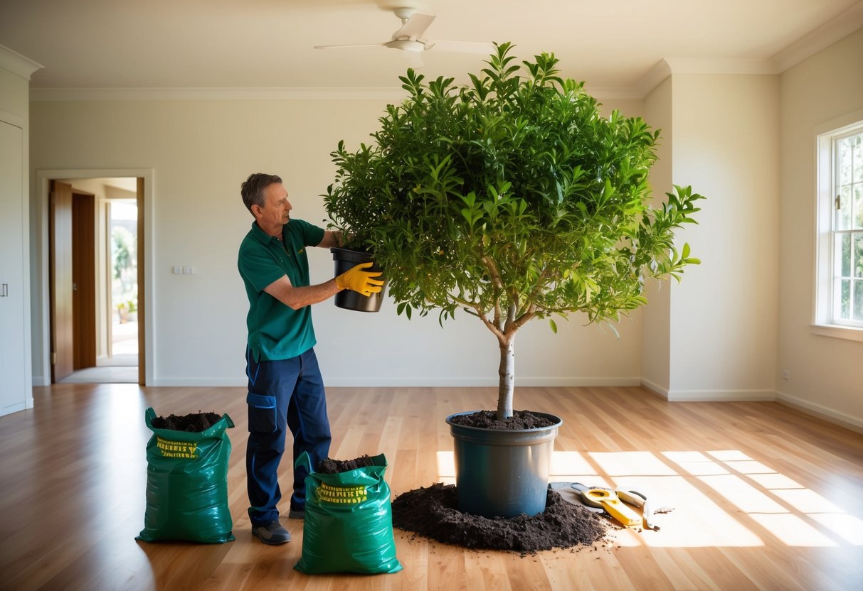 A person repotting a lush indoor tree in a spacious, sunlit room in Australia. The tree is being carefully transferred from a small pot to a larger one, surrounded by bags of soil and gardening tools