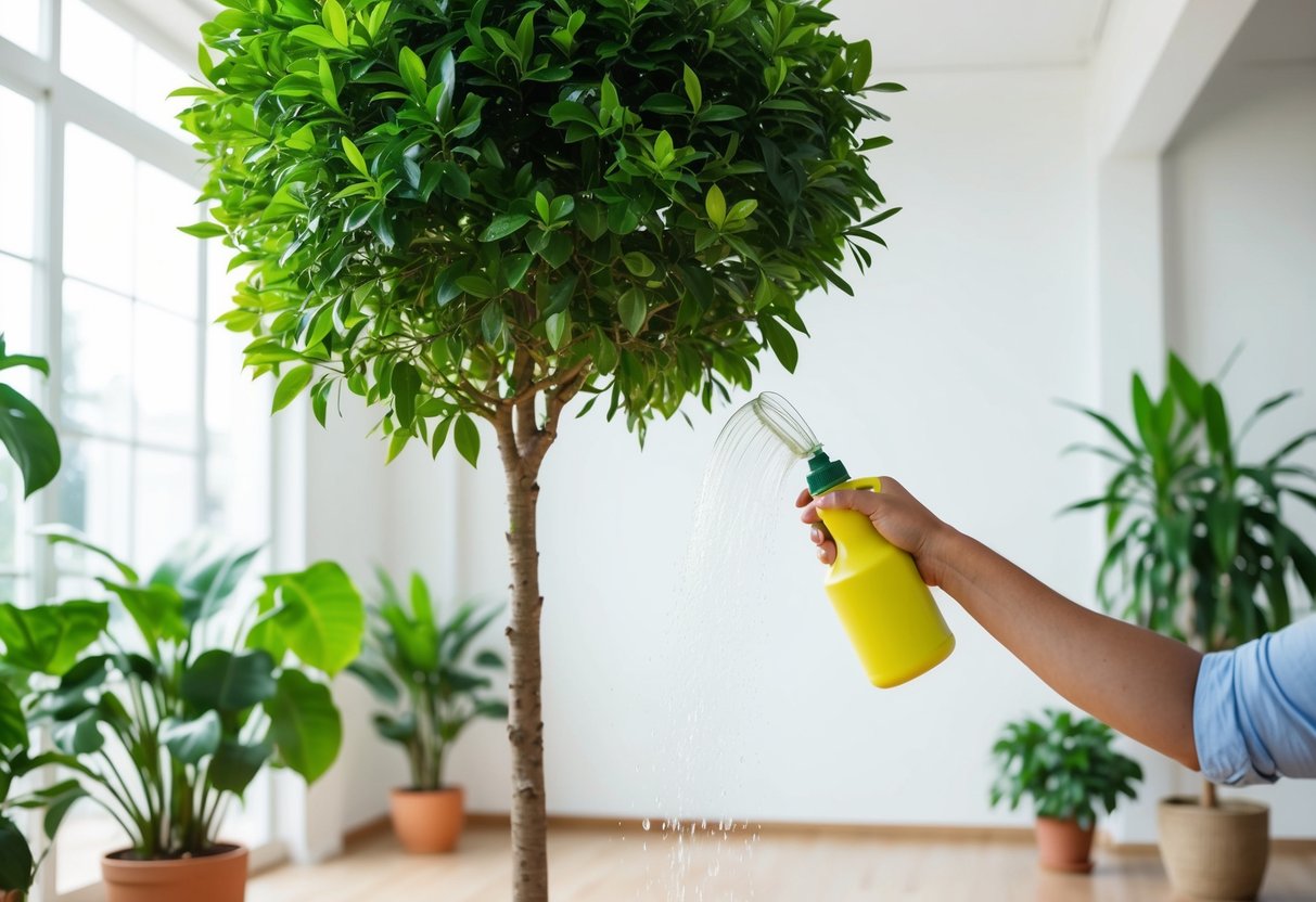 A hand watering a lush indoor tree in a bright, airy room with a large window and potted plants nearby