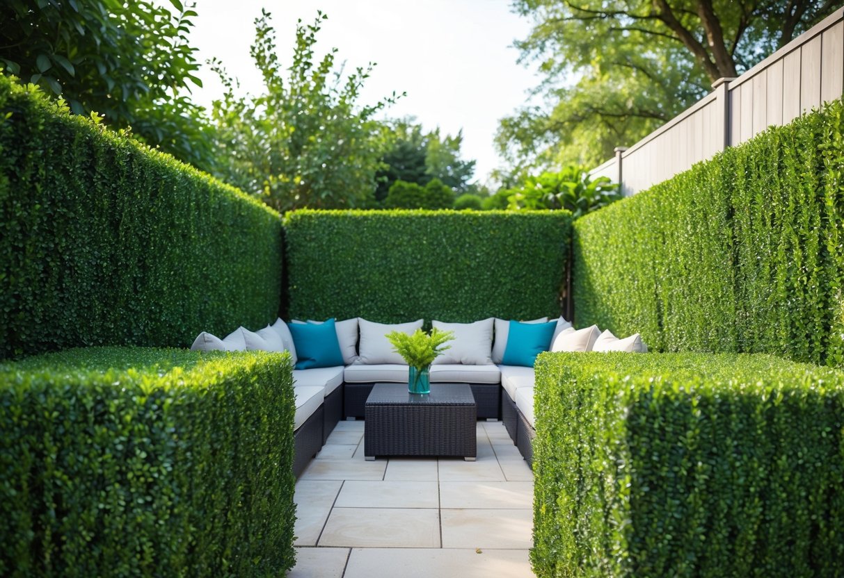 Lush artificial hedges surround a cozy outdoor seating area, creating privacy and a natural ambiance