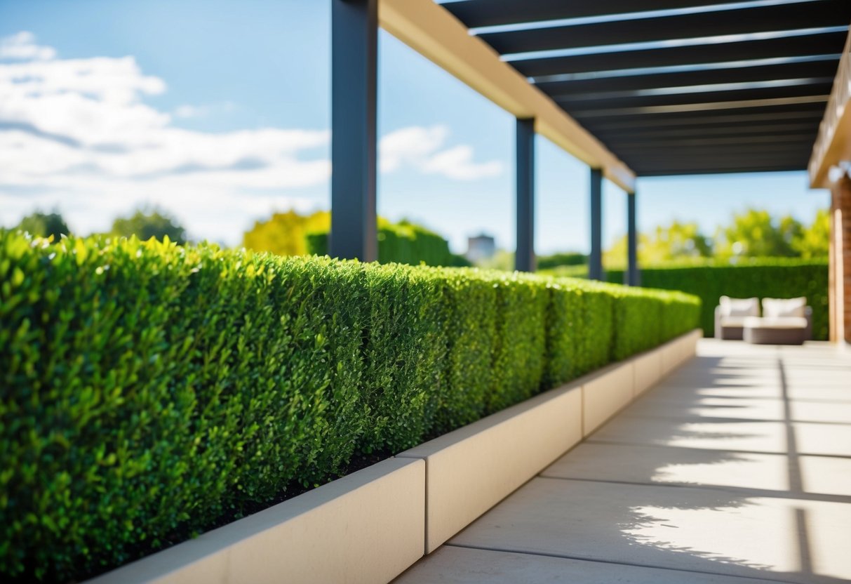 A row of artificial hedges lines a sunny outdoor patio, with durable materials standing up to the elements