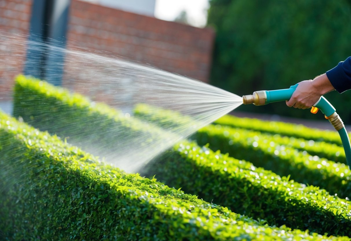 A person using a hose to spray down artificial hedges in an outdoor setting