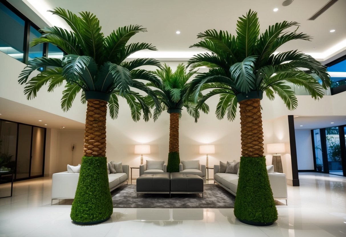 Lush fake palm trees fill a modern indoor space, surrounded by sleek furniture and soft lighting