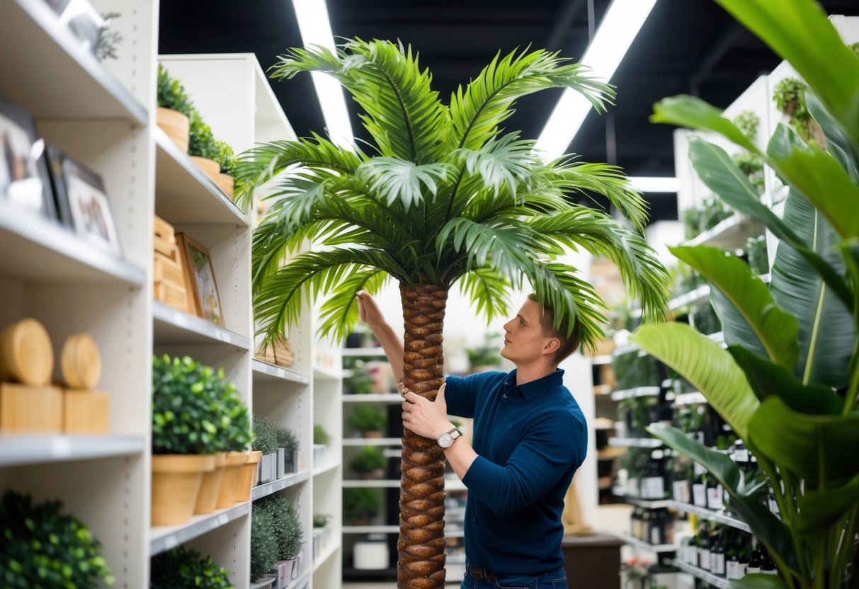 A person carefully selects a realistic fake palm tree from a variety of options displayed inside a store