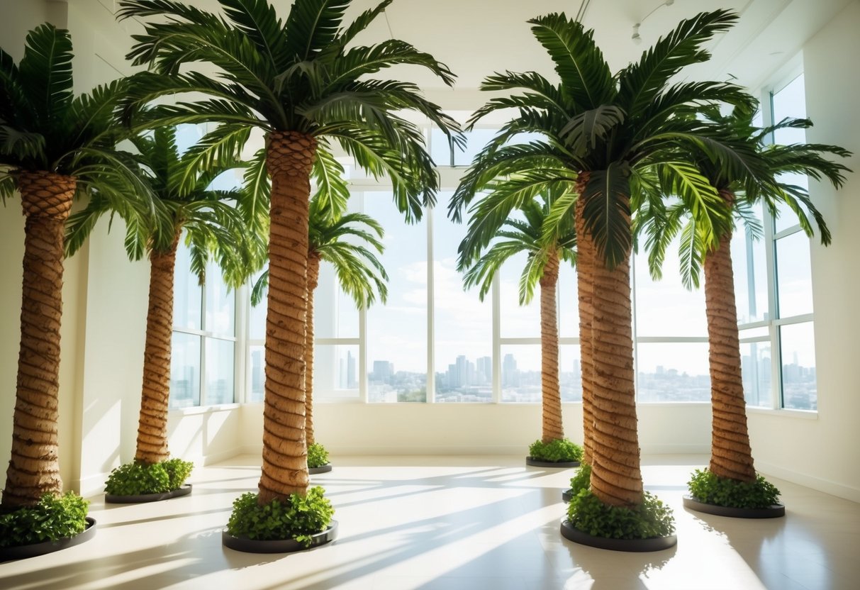 Lush fake palm trees fill a bright, airy interior space. Sunlight streams in, casting dappled shadows on the floor