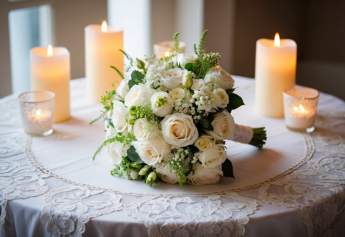 A silk bridal bouquet rests on a lace-covered table, surrounded by soft candlelight and delicate lace accents