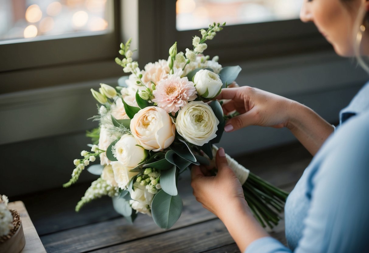 A hand arranging silk flowers into a bridal bouquet