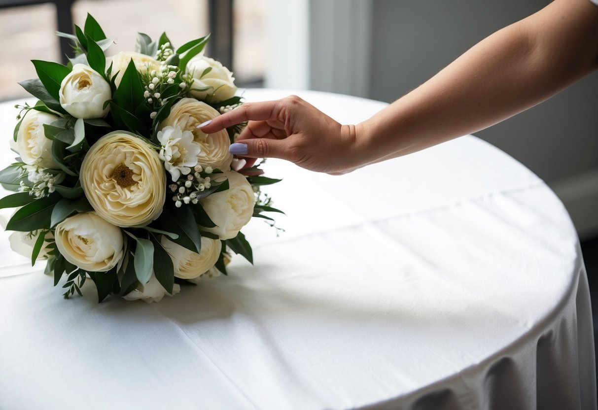 A hand reaching for a silk bridal bouquet displayed on a white satin tablecloth