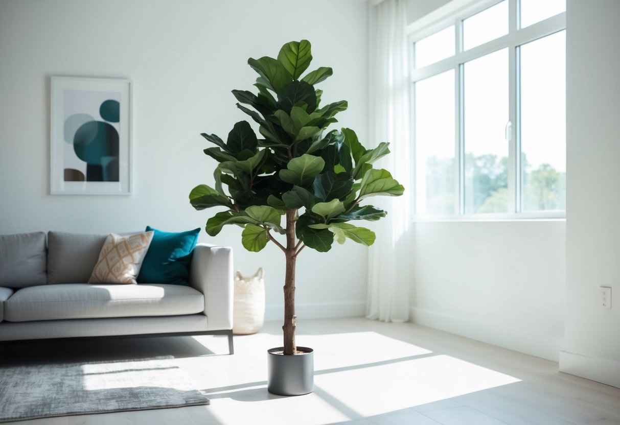 A fake fiddle leaf fig tree sits in a bright, modern living room with minimalistic decor. Sunlight filters through the window, casting soft shadows on the floor