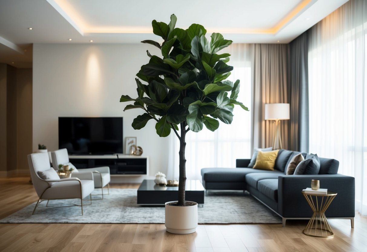 A fake fiddle leaf fig tree sits in a modern living room, surrounded by sleek furniture and natural light streaming in through the windows