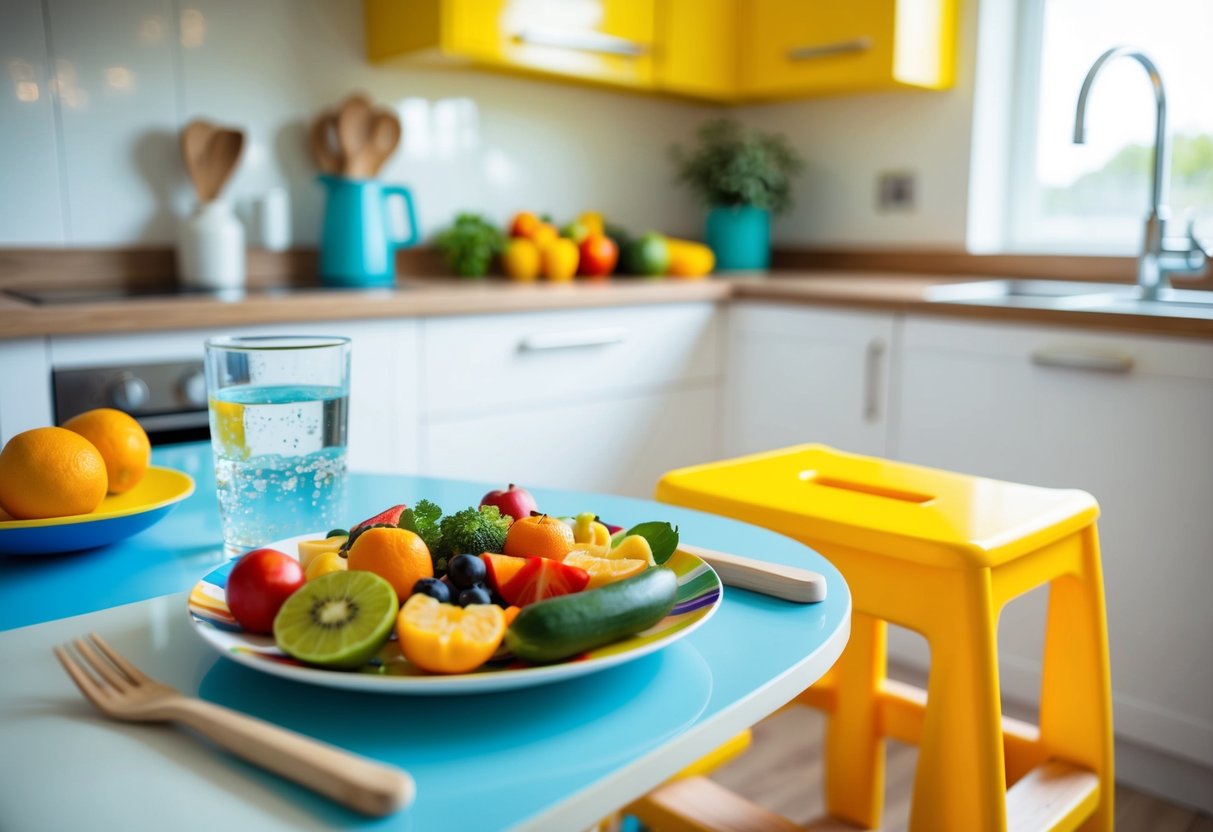 A colorful plate of fruits and vegetables surrounded by a glass of water and a toddler-sized stool in a bright, inviting kitchen