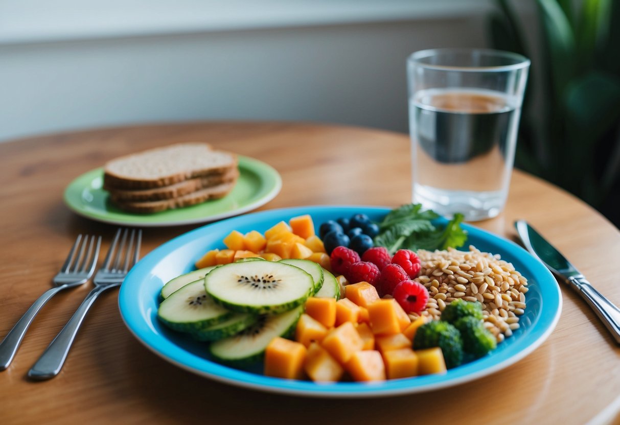 A toddler's plate filled with fiber-rich fruits and vegetables, whole grains, and a glass of water on the table