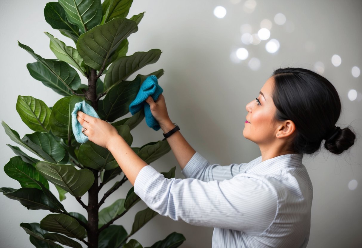 A person dusts and trims a fake fiddle leaf fig tree, wiping the leaves and adjusting the branches for a neat and well-maintained appearance