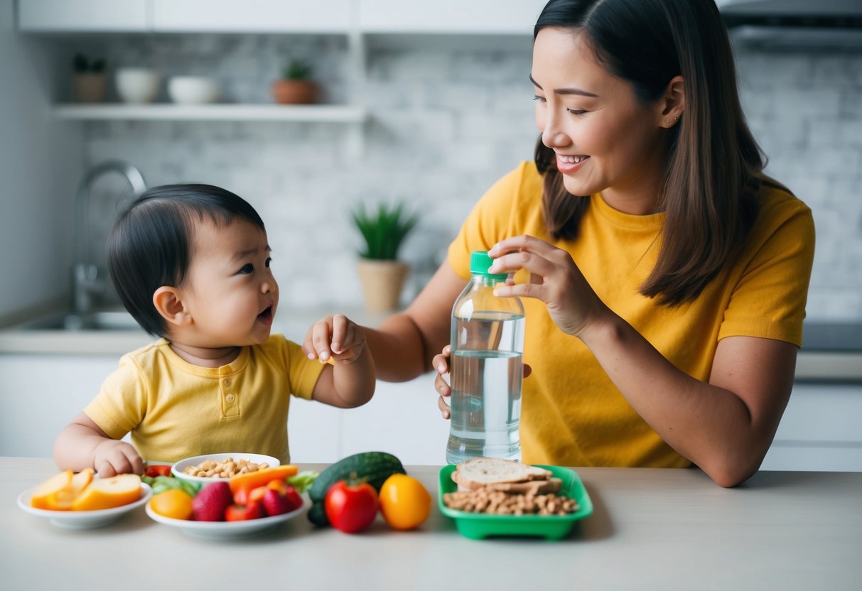 A parent giving a toddler a variety of fiber-rich foods and plenty of water to prevent constipation