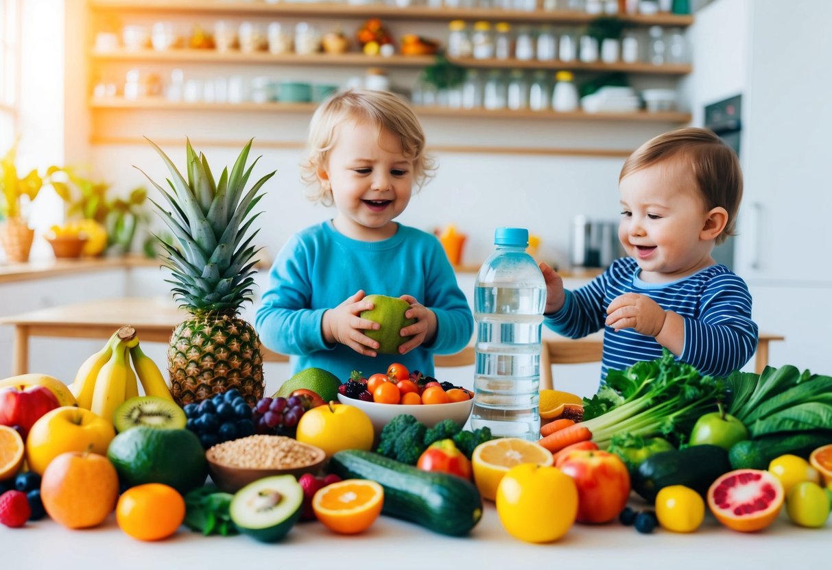 A colorful and diverse array of fruits, vegetables, whole grains, and water sources arranged on a table, with a happy toddler playing nearby