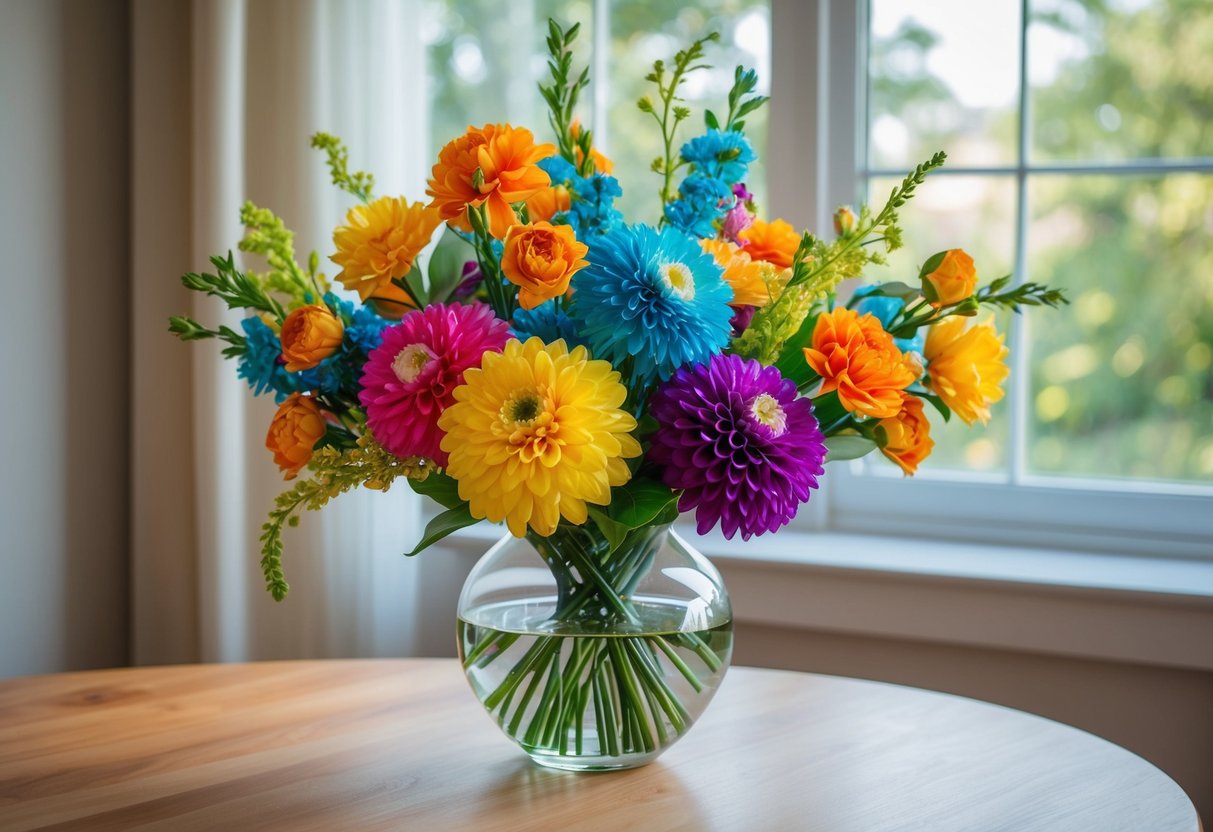 A colorful array of silk flowers arranged in a glass vase on a wooden table, with natural light streaming in from a nearby window