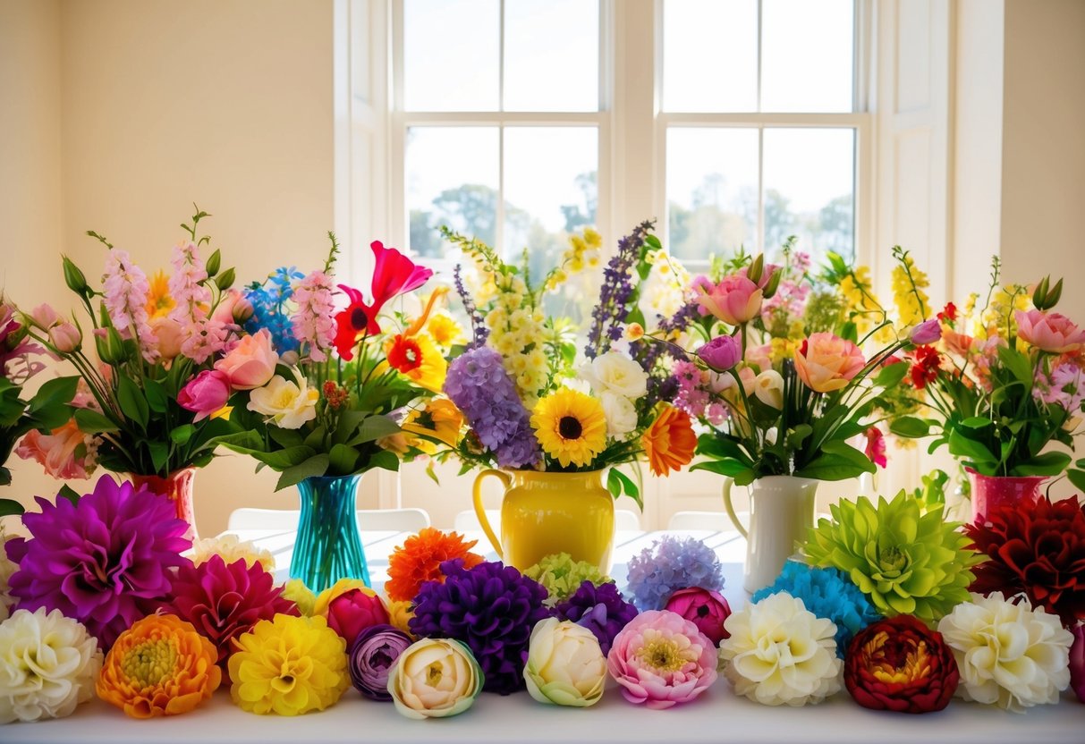 A bright, sunlit room with a large table adorned with an array of vibrant silk flowers in various colors and styles. Sunlight filters through the window, casting a warm glow on the delicate petals