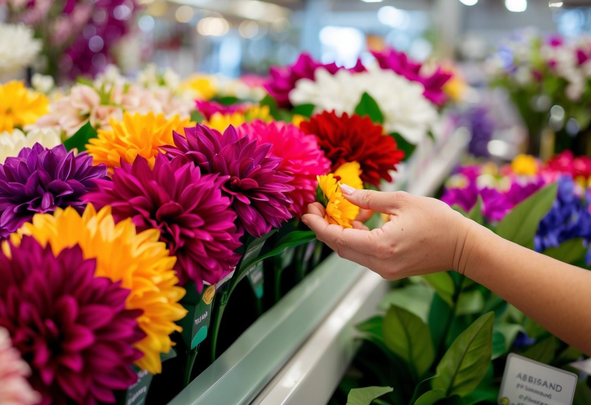 A hand selecting vibrant silk flowers from a display at a Brisbane florist, carefully inspecting each petal and stem for quality and realism