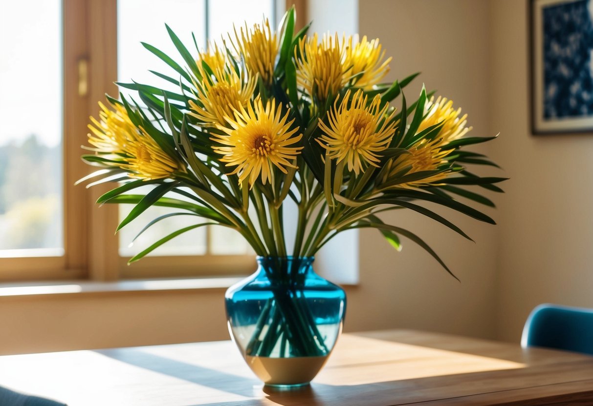 A vase of lifelike Australian native flowers on a wooden table in a sunlit room