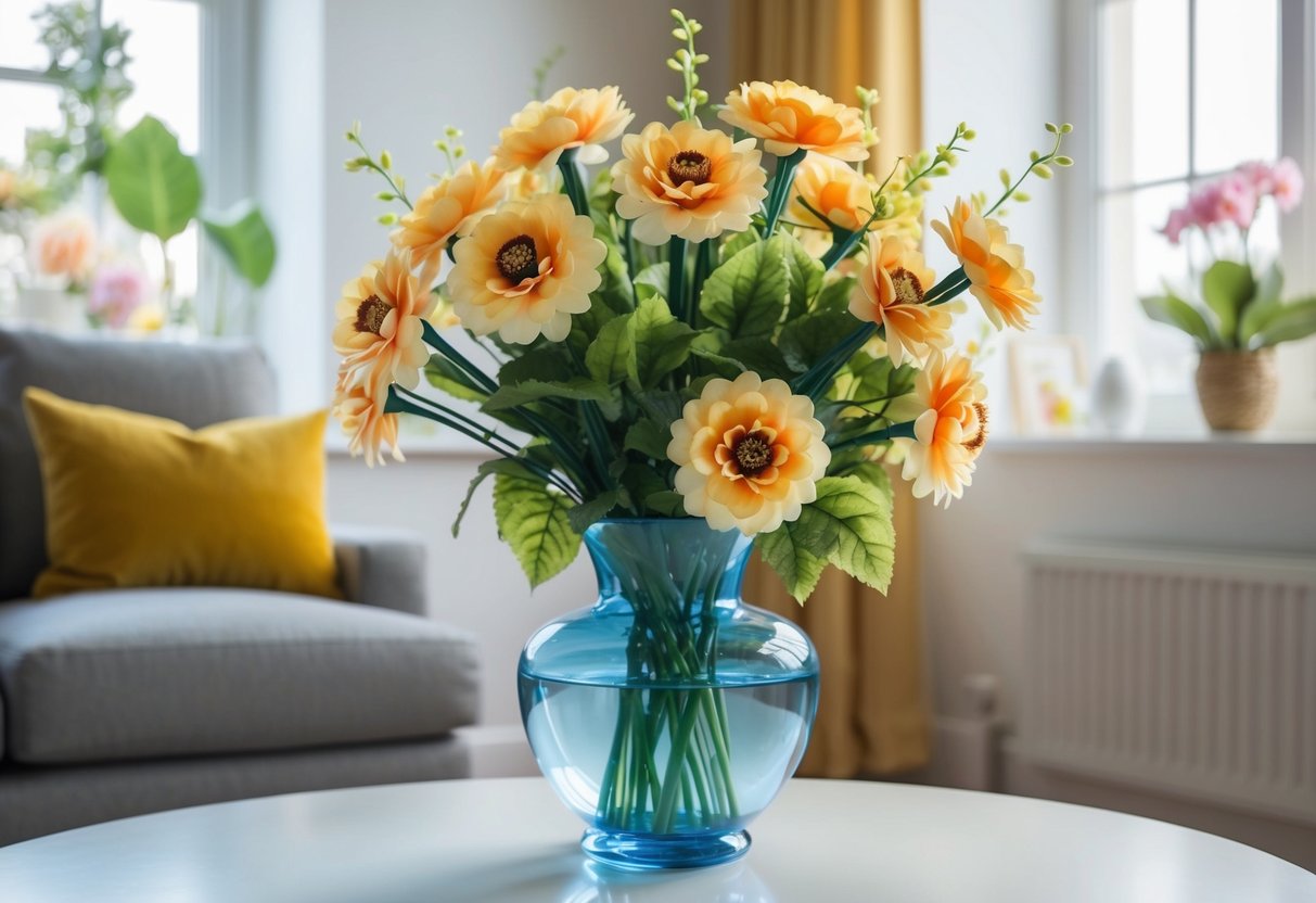 A vase of lifelike fake flowers brightens a room, with vibrant colors and intricate details