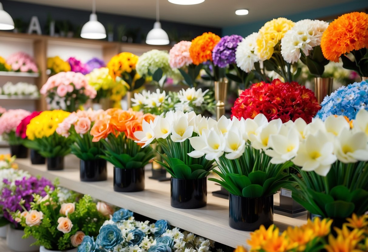 A variety of realistic fake flowers are displayed in a well-lit Australian floral shop, showcasing an array of colors and types