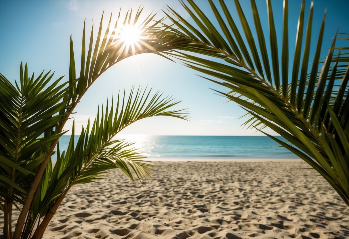 Bright sunlight filters through artificial palm leaves, casting dappled shadows on a sandy beach