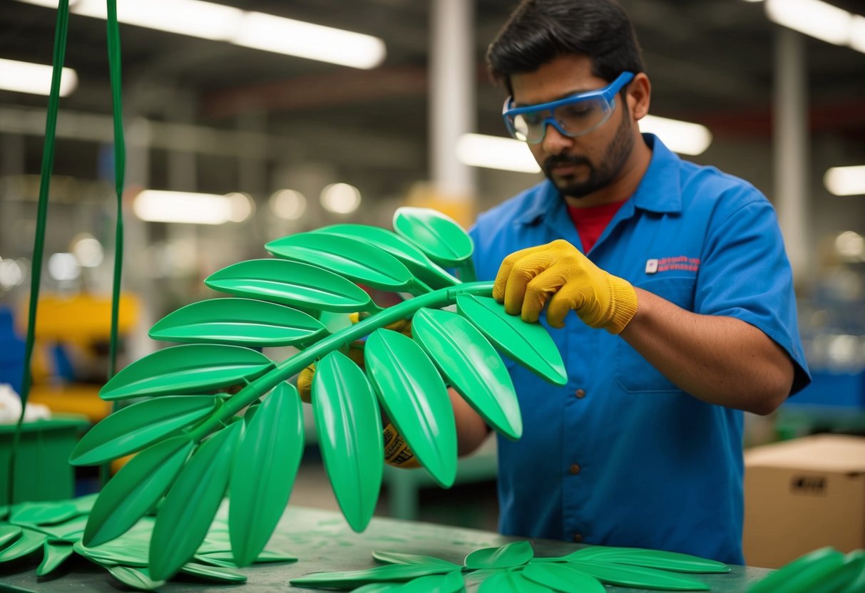 A factory worker molds green plastic into realistic palm leaves