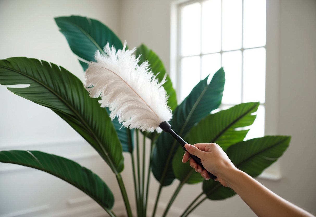 A hand holding a feather duster, gently dusting large artificial palm leaves in a well-lit room with a window in the background