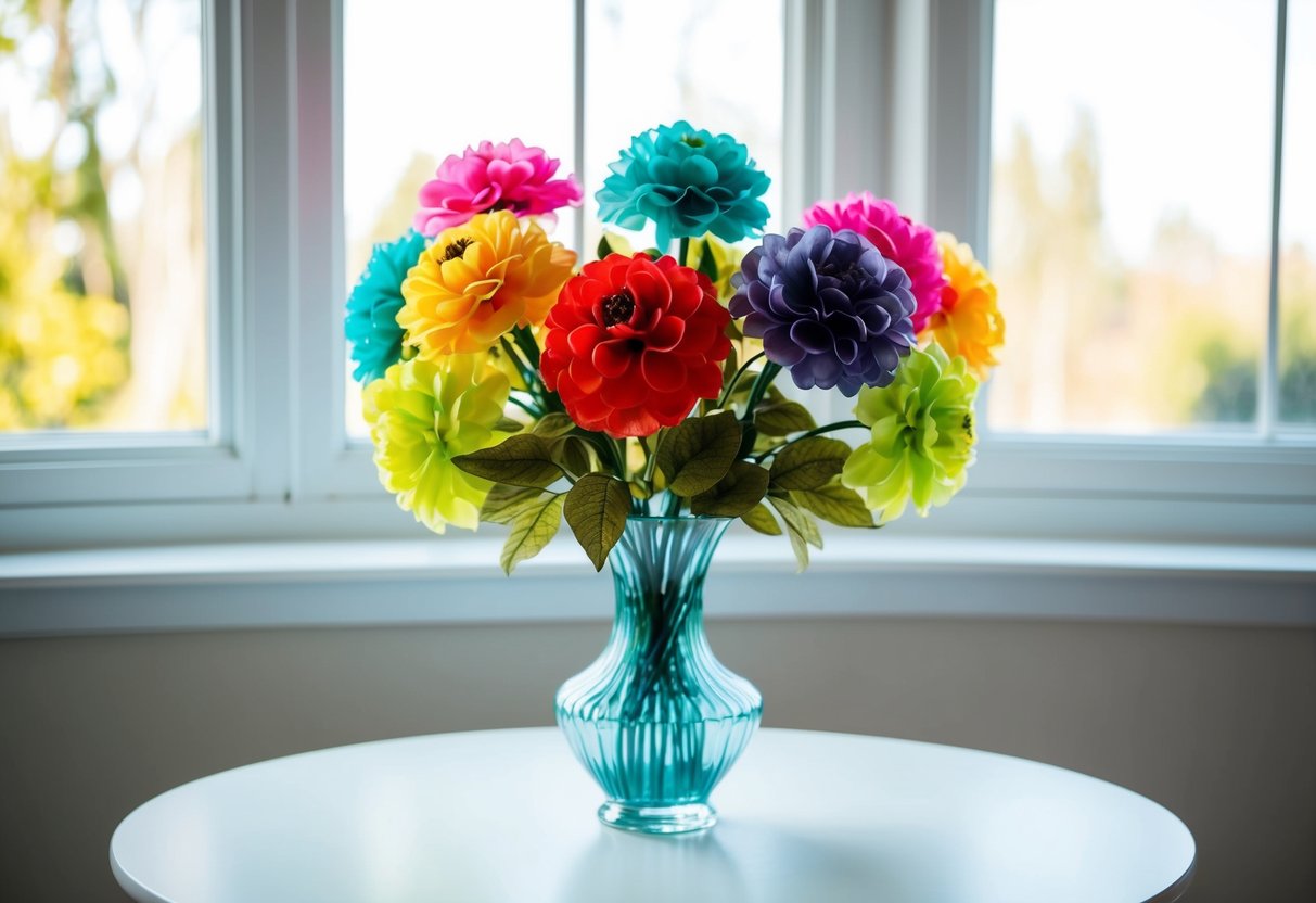 Colorful faux flowers arranged in a glass vase on a white table, with a soft natural light filtering through a nearby window