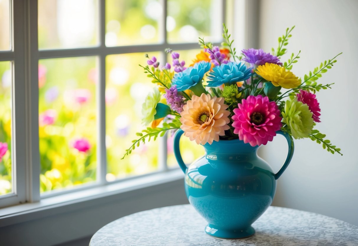 A vase filled with colorful faux flowers, sitting on a table near a sunny window with soft natural light streaming in