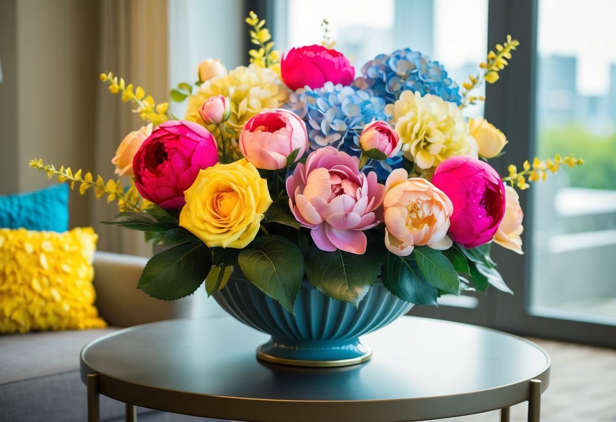 A colorful array of faux flowers, including roses, peonies, and hydrangeas, arranged in a stylish vase on a table