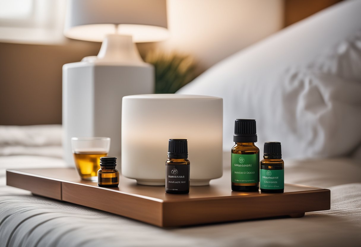 A diffuser emitting essential oils surrounded by tissue boxes and a cup of tea on a bedside table