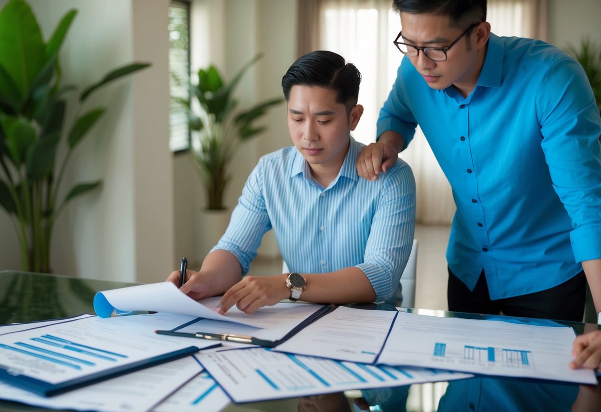 A foreigner and a Filipino reviewing property titles in Cebu, with real estate documents spread out on a table