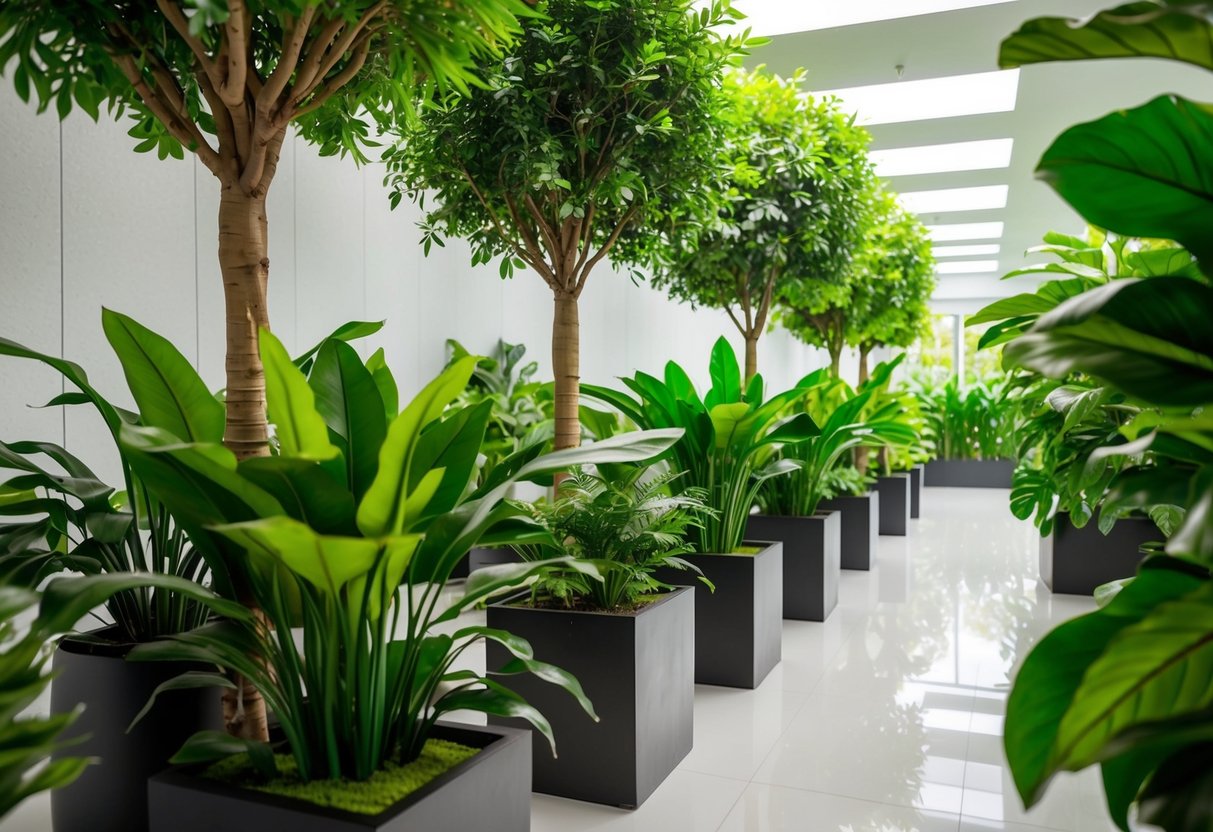 Lush green artificial plants and trees fill a modern indoor space, creating a vibrant and natural atmosphere