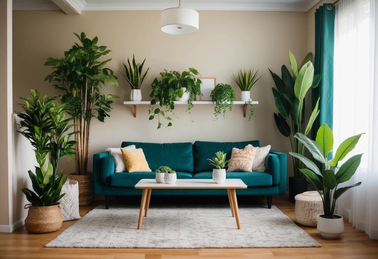 A cozy living room with a mix of tall and short artificial plants strategically placed in corners and on shelves, adding a touch of greenery to the space