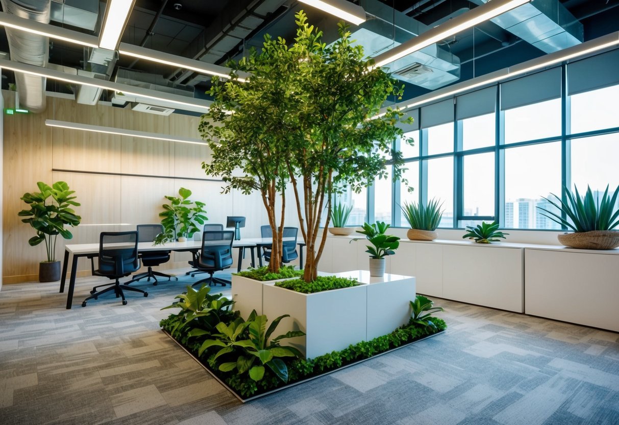 A modern office space with artificial plants and trees, surrounded by eco-friendly materials and natural lighting