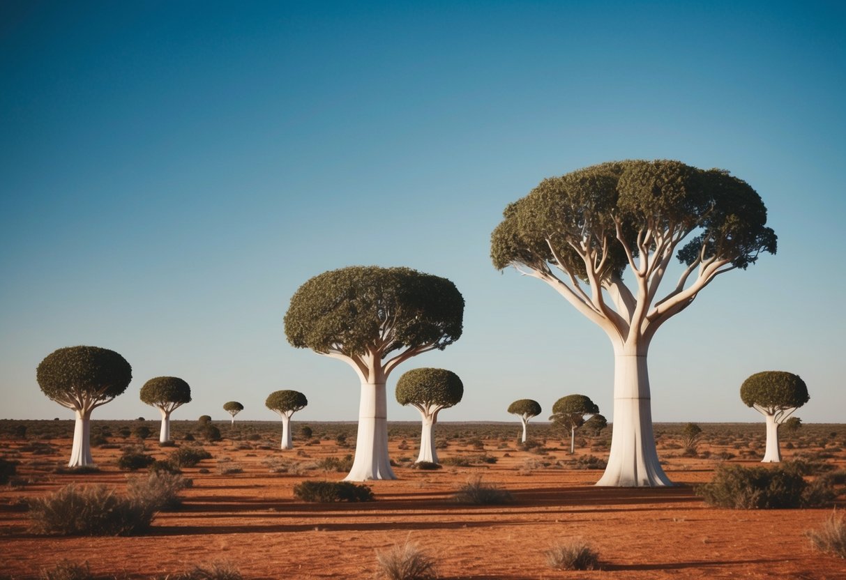 A sprawling landscape with large artificial trees scattered across the Australian outback, standing tall against the vast blue sky