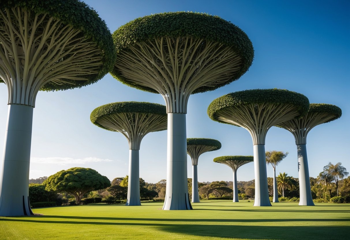 Several large artificial trees stand tall in a lush Australian landscape, providing shade and beauty to the surroundings