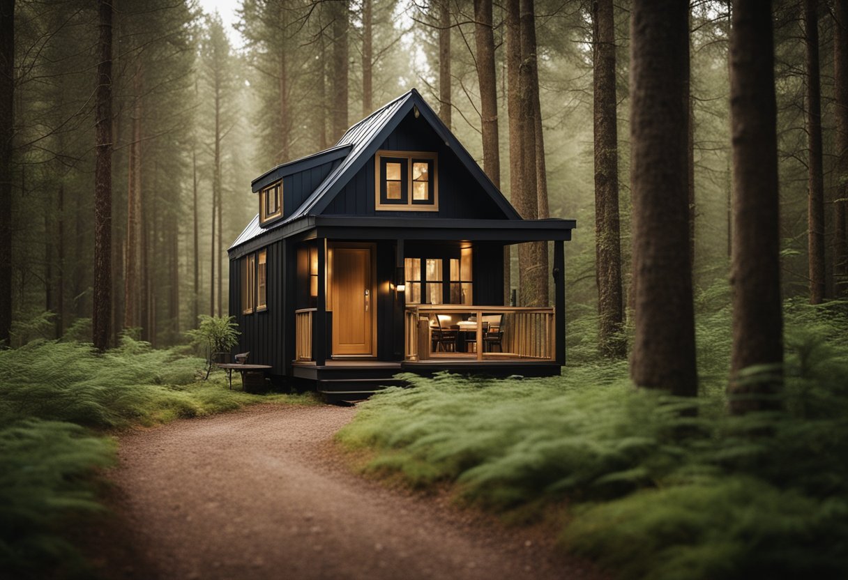 A cozy tiny house nestled in a forest clearing, surrounded by tall trees and a winding path leading up to the front door