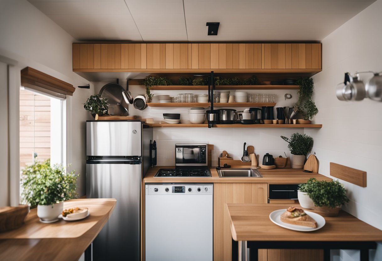 A cozy tiny house kitchenette with compact appliances and clever storage solutions