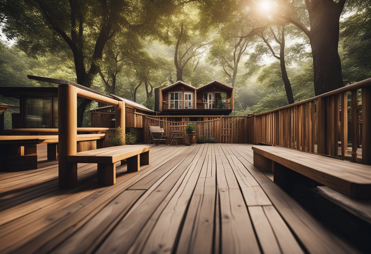 A cozy wooden deck terrace with ten tiny cabin houses nestled among trees