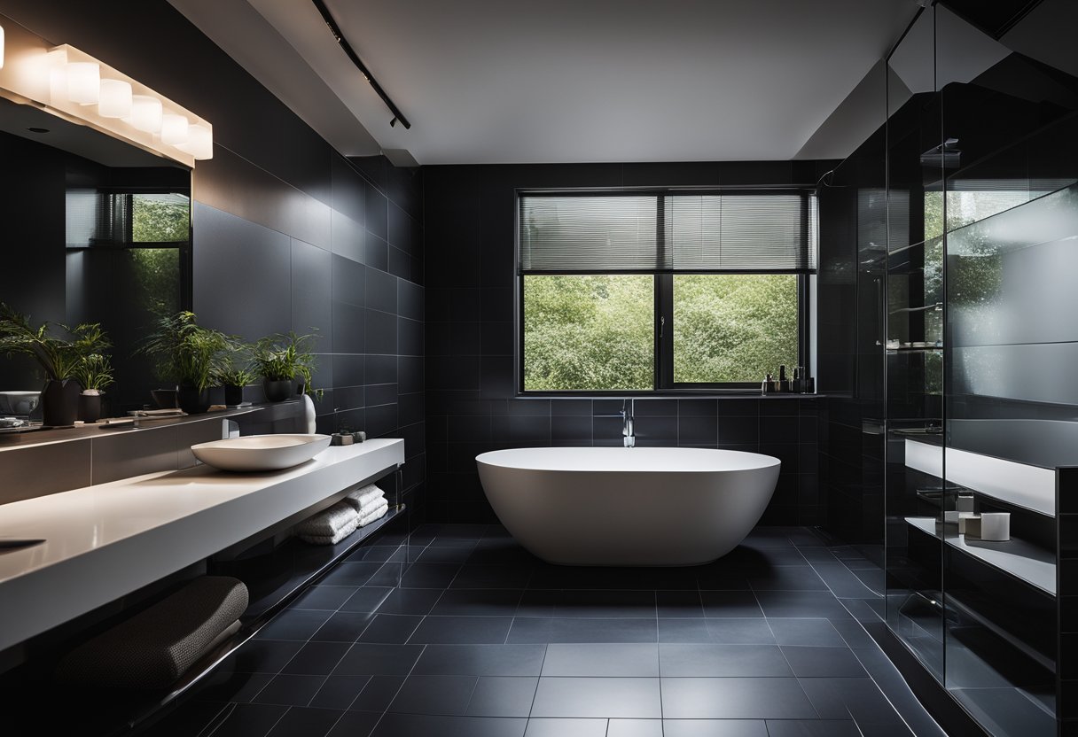 A dimly lit bathroom with black tiles, a sleek modern bathtub, and minimalistic fixtures. A single small window lets in a sliver of light