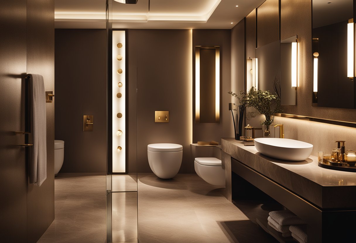 A dimly lit bathroom with vintage brass lighting fixtures casting a warm, moody glow over the dark, luxurious decor