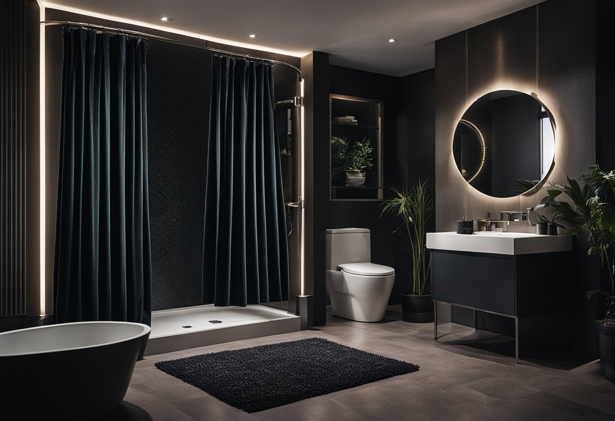 A dark bathroom with a velvet shower curtain, dim lighting, and moody decor