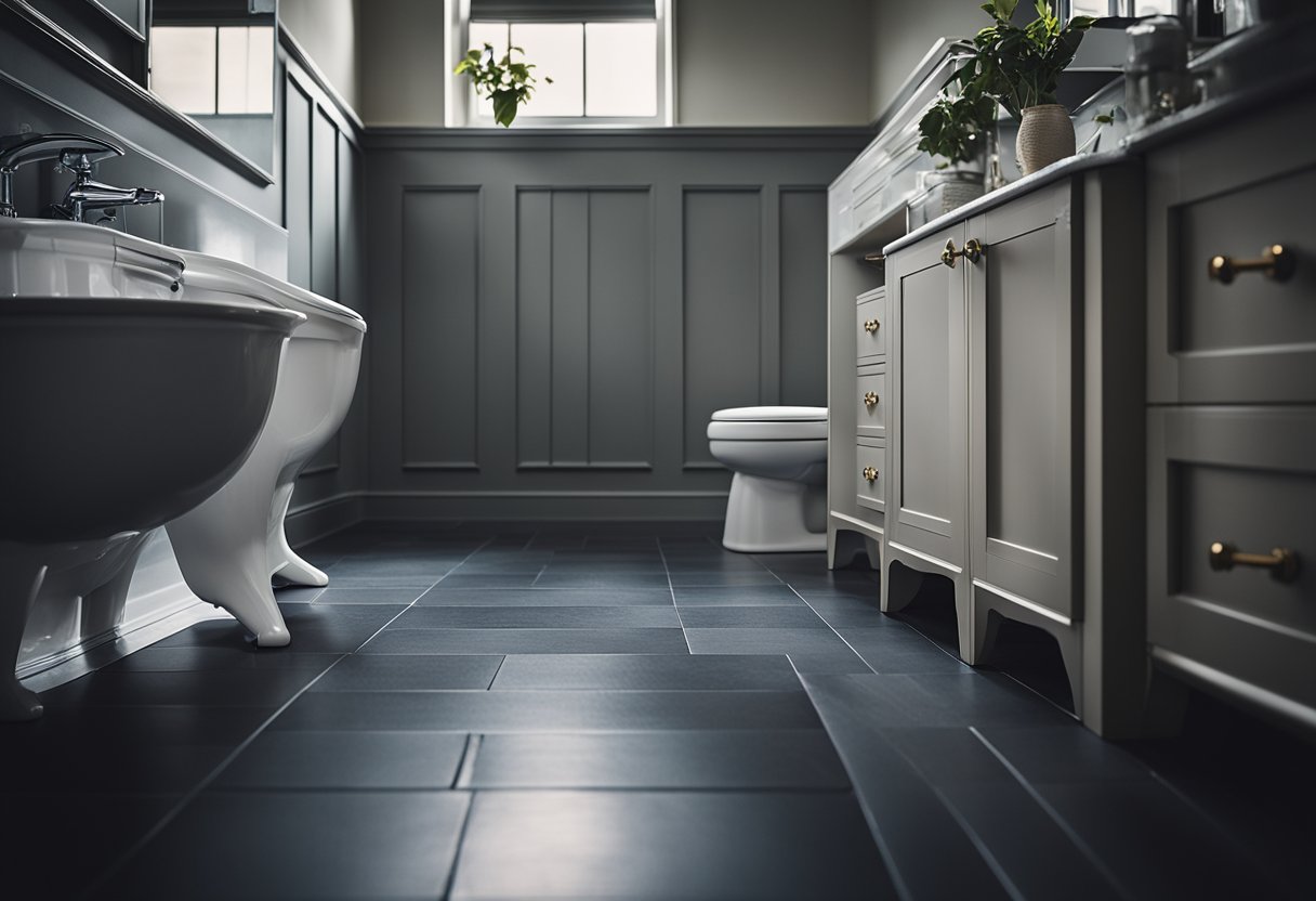 A slate gray floor in a dimly lit bathroom with moody, atmospheric lighting