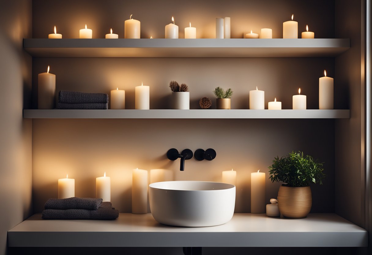 A dimly lit bathroom with candlelit shelving casting soft, warm light, creating a cozy and intimate atmosphere