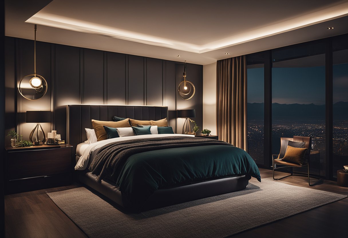 A dimly lit bedroom with deep, moody colors and minimalistic decor. Rich textures and soft lighting create a cozy, intimate atmosphere